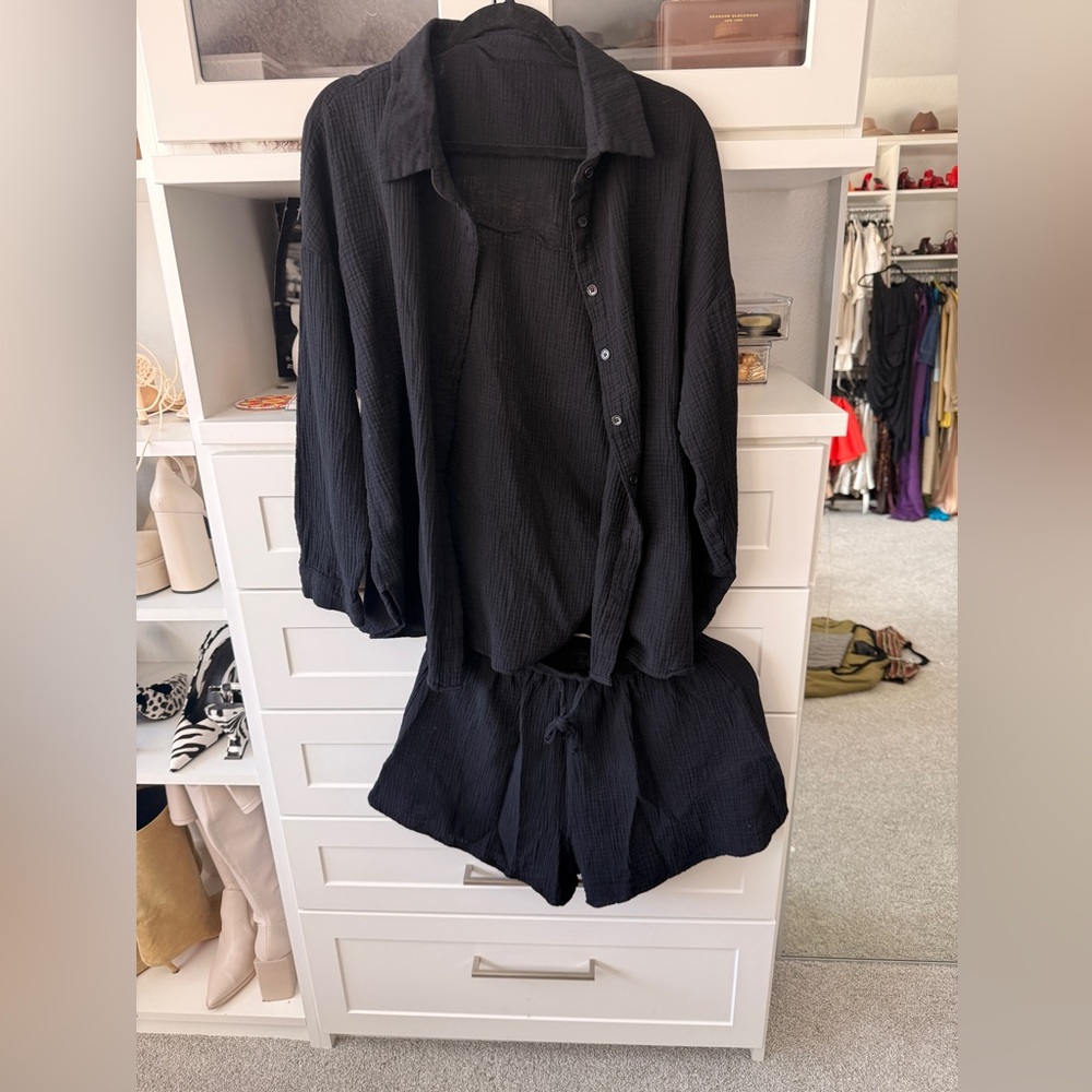 Black Button-Up Shirt and Shorts Set
